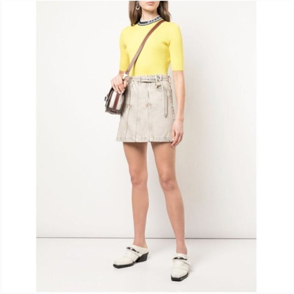 Proenza Schouler PSWL Zip Belted Denim Mini Skirt Taupe Acid Wash Size 6